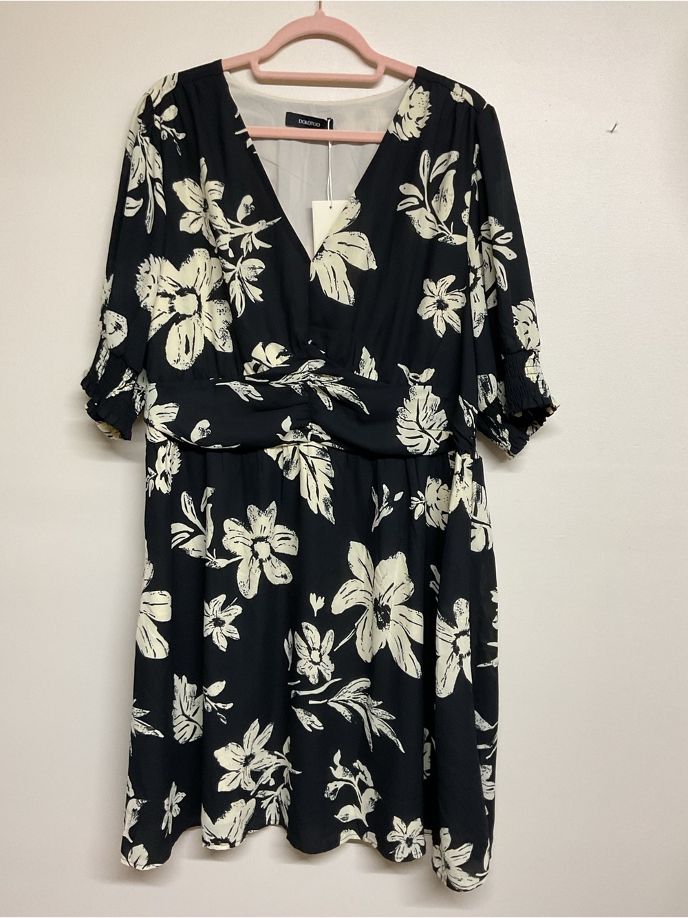Black Midi Dress with Cream Floral Print - Women's Wrap-Style Dress